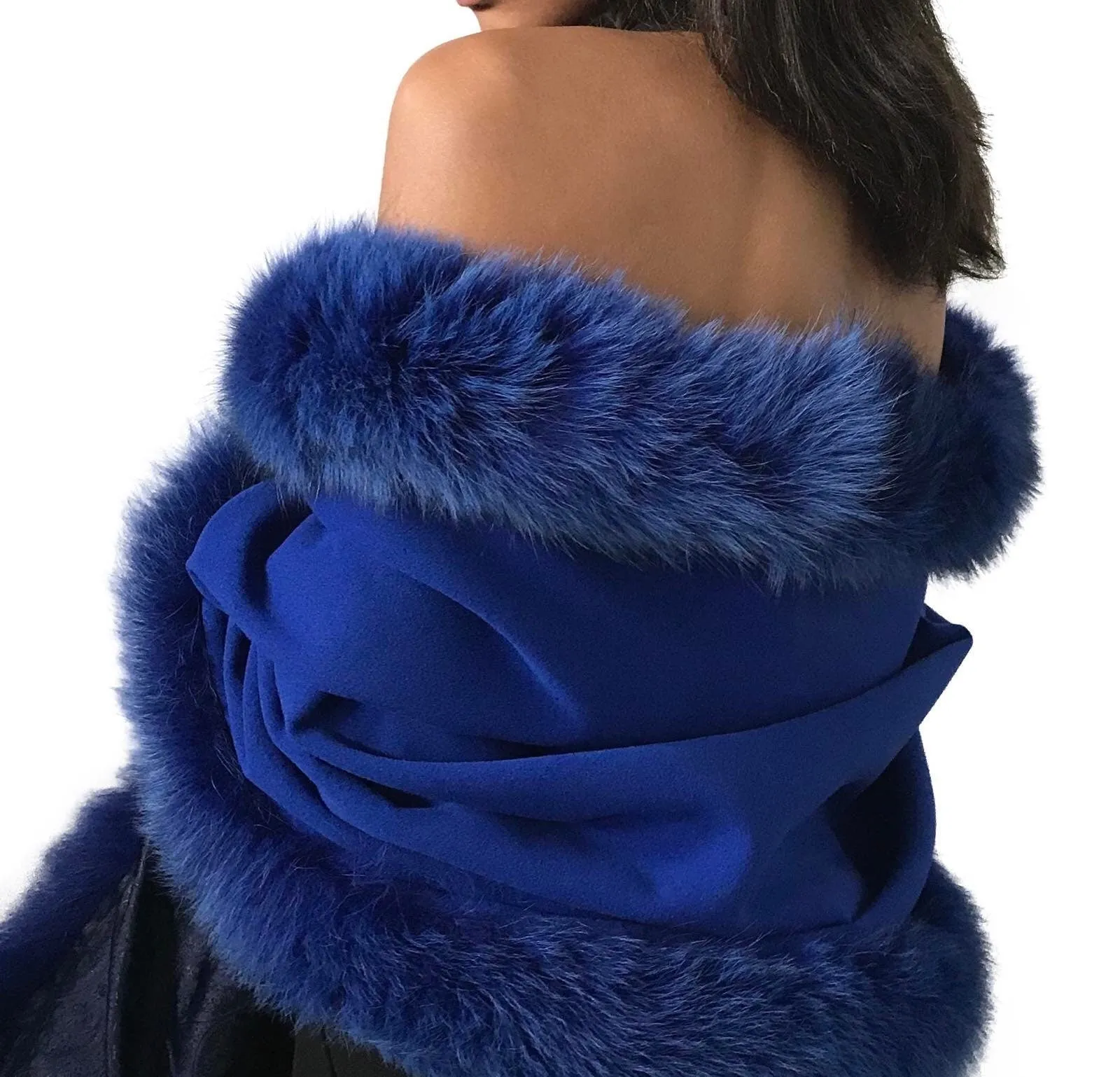 Royal Blue Women Cape Wrap, Elegant stole lined with fox fur trim, Blanket scarf oversized for womens