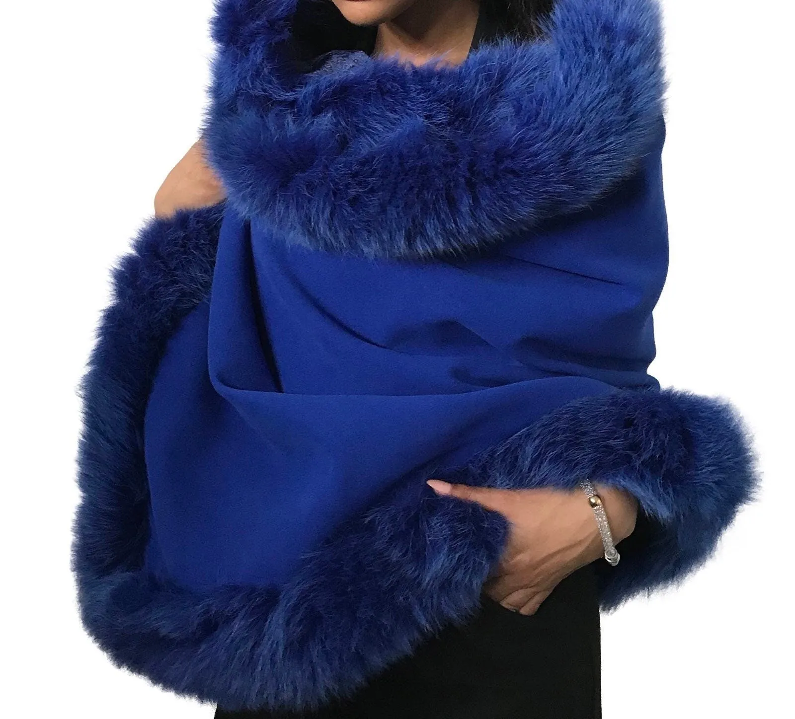 Royal Blue Women Cape Wrap, Elegant stole lined with fox fur trim, Blanket scarf oversized for womens