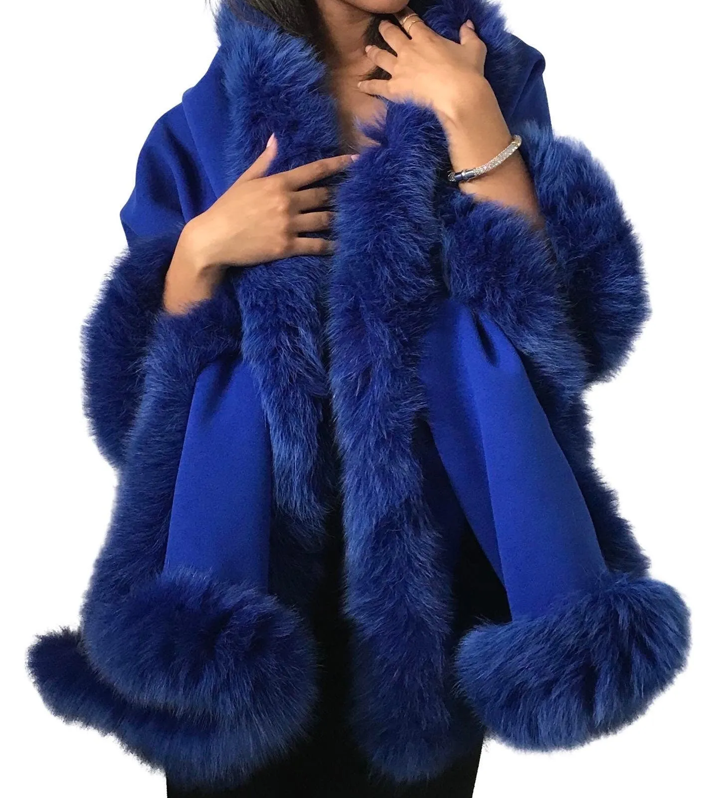 Royal Blue Women Cape Wrap, Elegant stole lined with fox fur trim, Blanket scarf oversized for womens