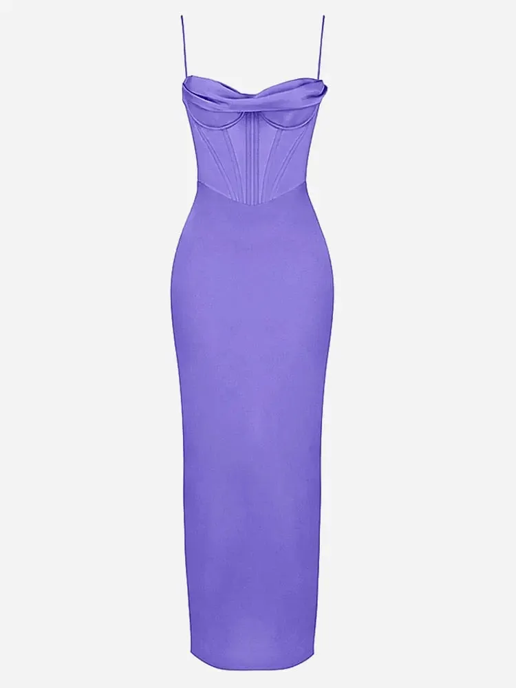 Satin V Neck Corset Solid Maxi Dress For Women