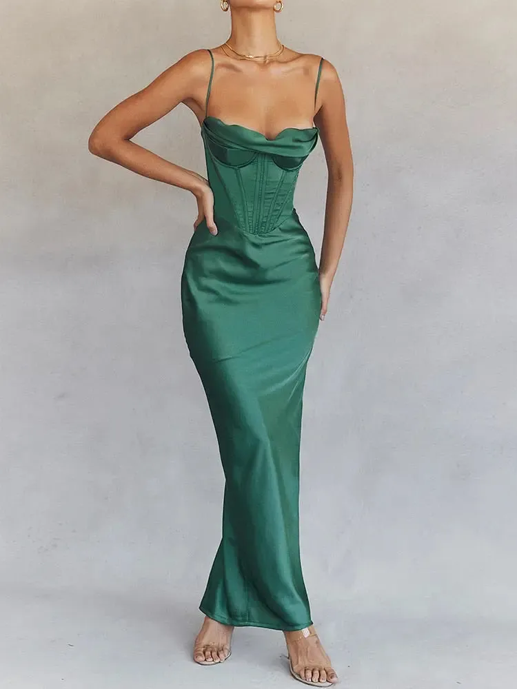 Satin V Neck Corset Solid Maxi Dress For Women