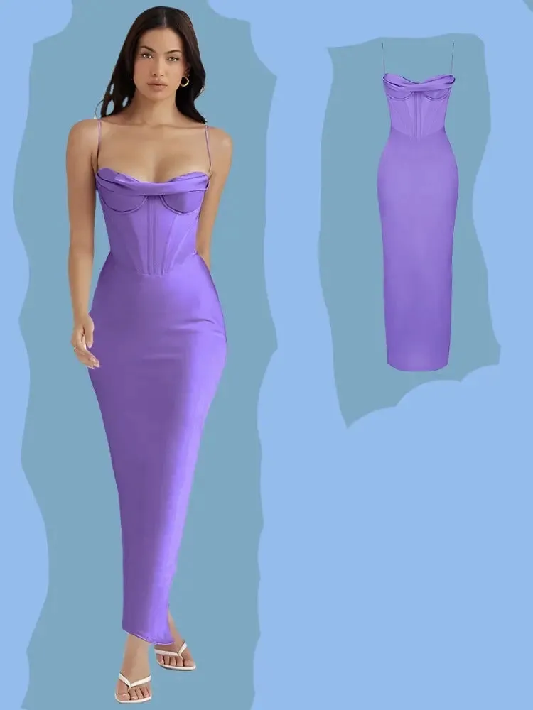 Satin V Neck Corset Solid Maxi Dress For Women