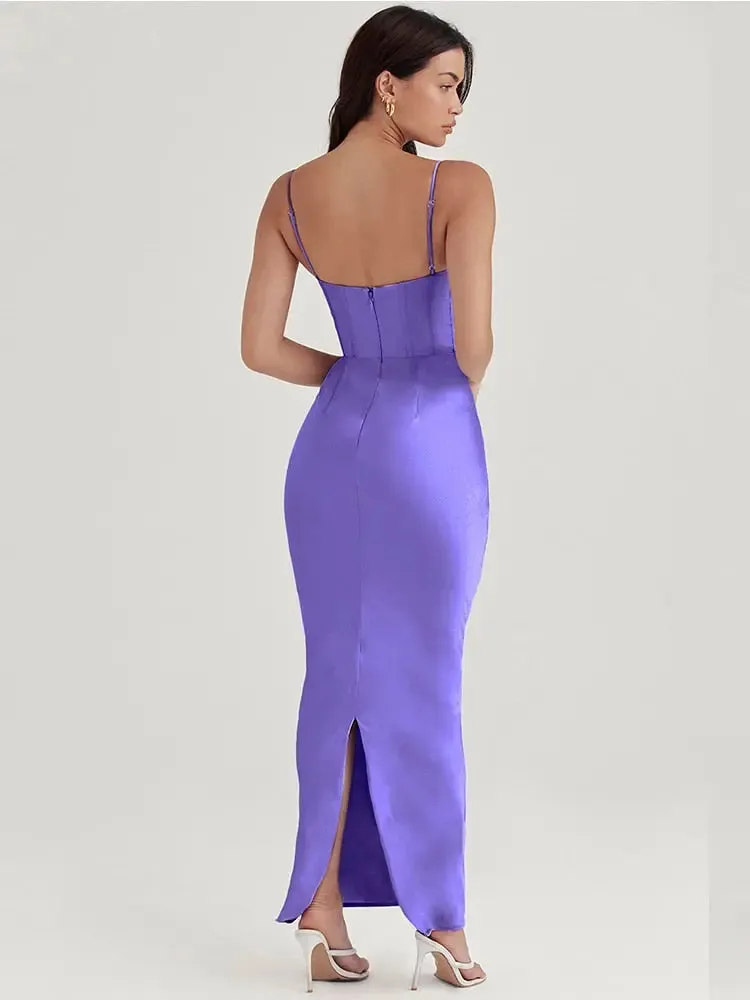 Satin V Neck Corset Solid Maxi Dress For Women