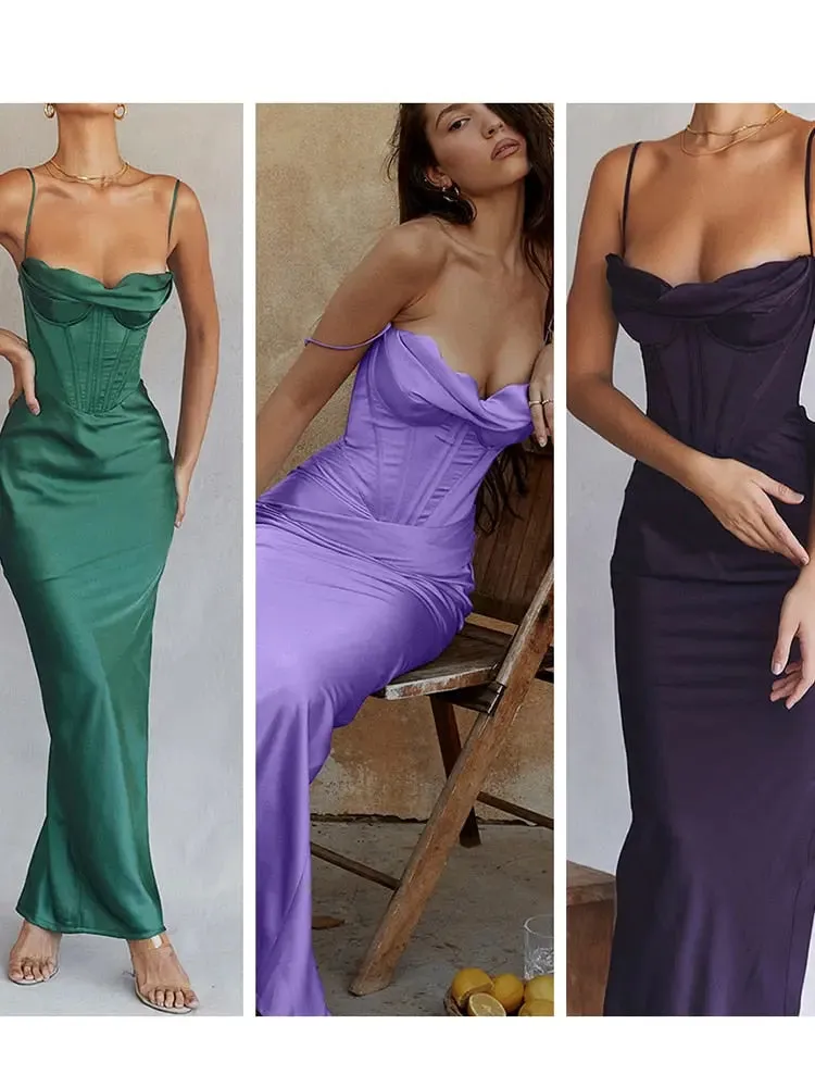 Satin V Neck Corset Solid Maxi Dress For Women