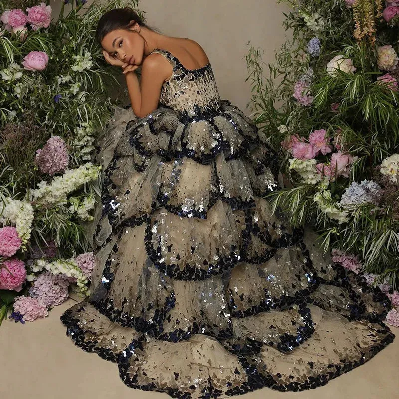 Sequin Butterfly Layered Gown