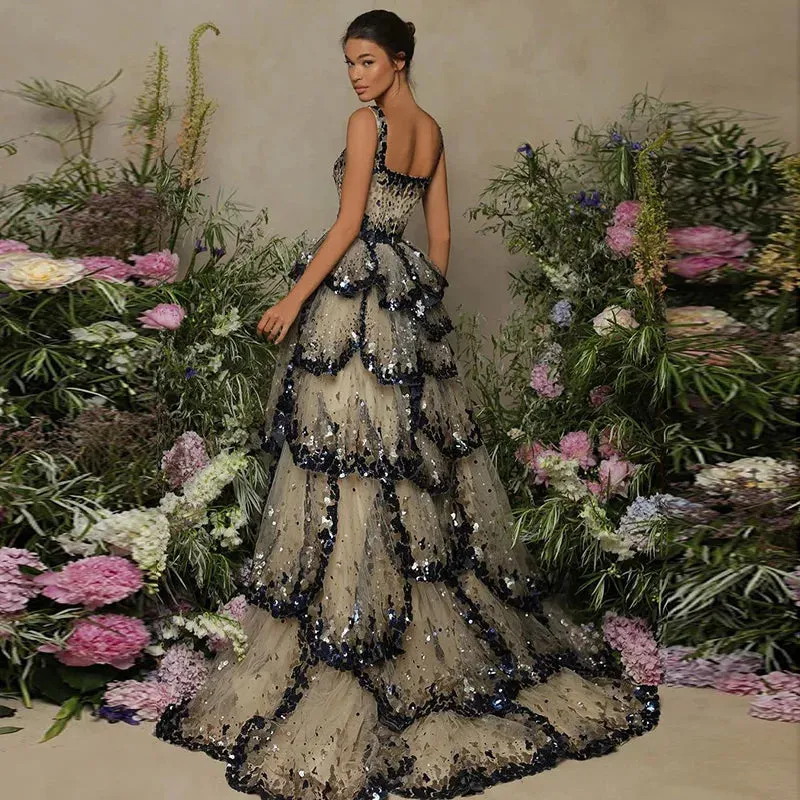 Sequin Butterfly Layered Gown