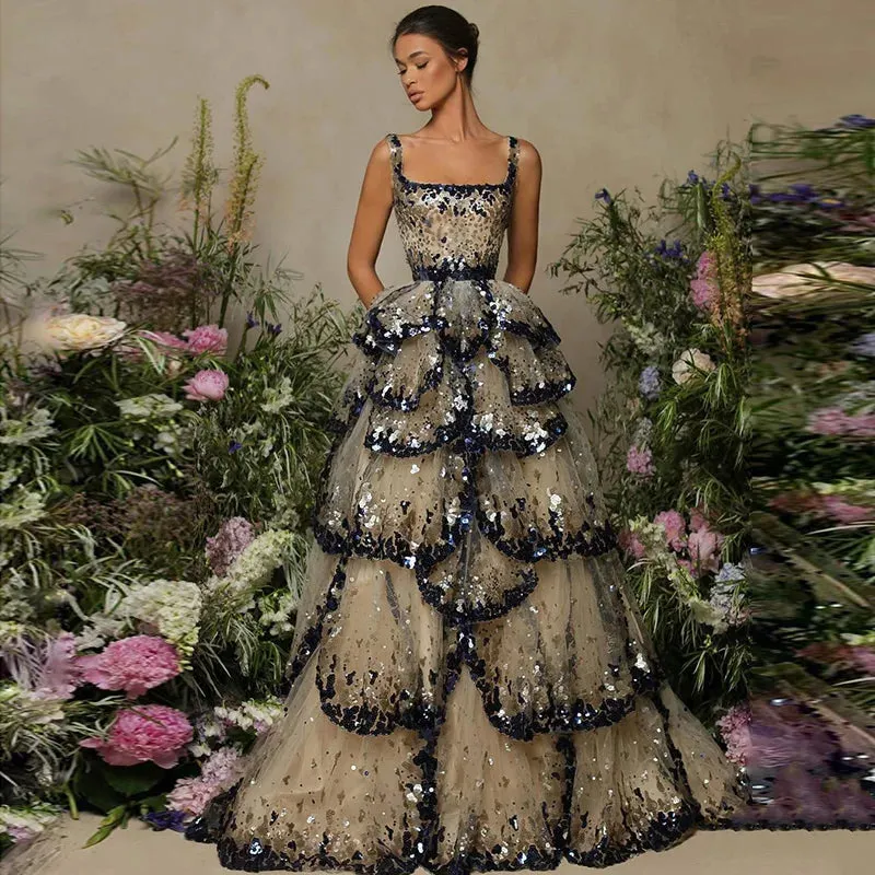 Sequin Butterfly Layered Gown