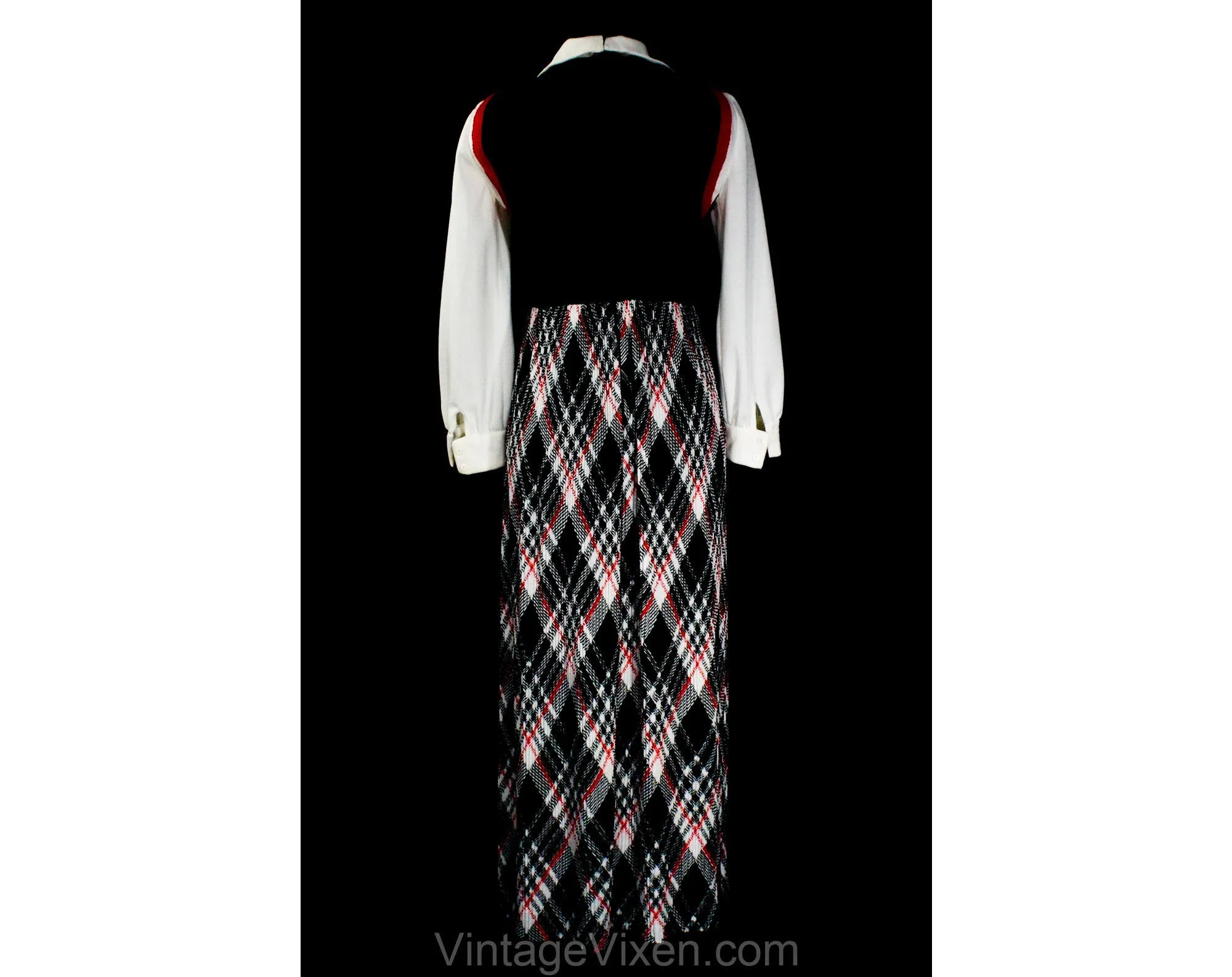 Size 6 Maxi Dress - Small 70s Black Red & White Color Block Bodice and Plaid Polyester Knit - Long Sleeve 1970s Fall Autumn Preppy - Bust 34