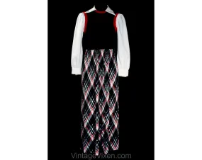 Size 6 Maxi Dress - Small 70s Black Red & White Color Block Bodice and Plaid Polyester Knit - Long Sleeve 1970s Fall Autumn Preppy - Bust 34