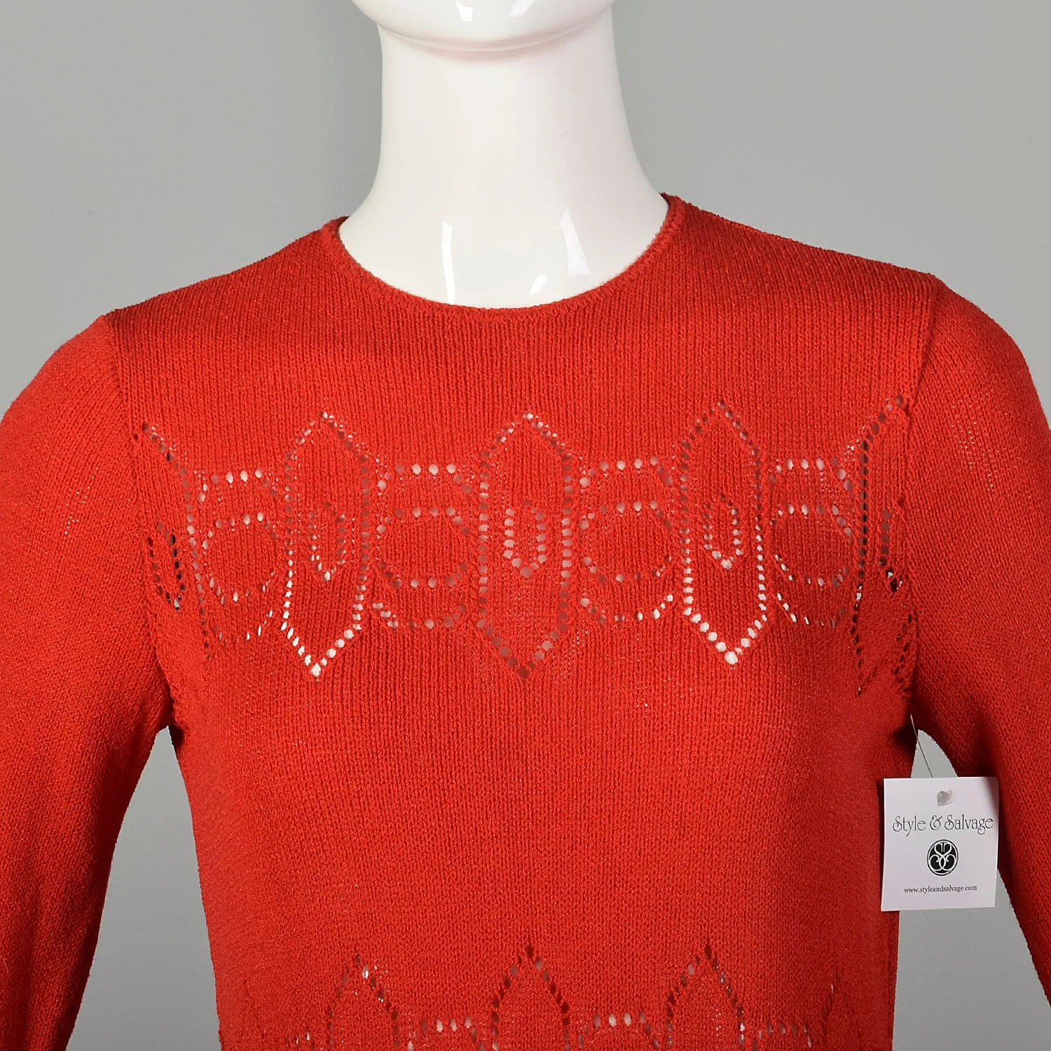 Small 1970s Dress Pat Sandler Red Knit Maxi Long Sleeve Sheer Decorative Details Knit