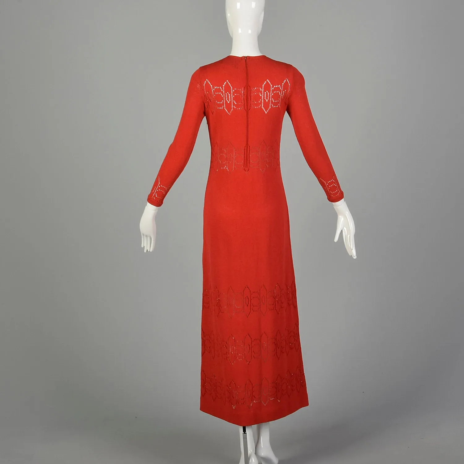 Small 1970s Dress Pat Sandler Red Knit Maxi Long Sleeve Sheer Decorative Details Knit