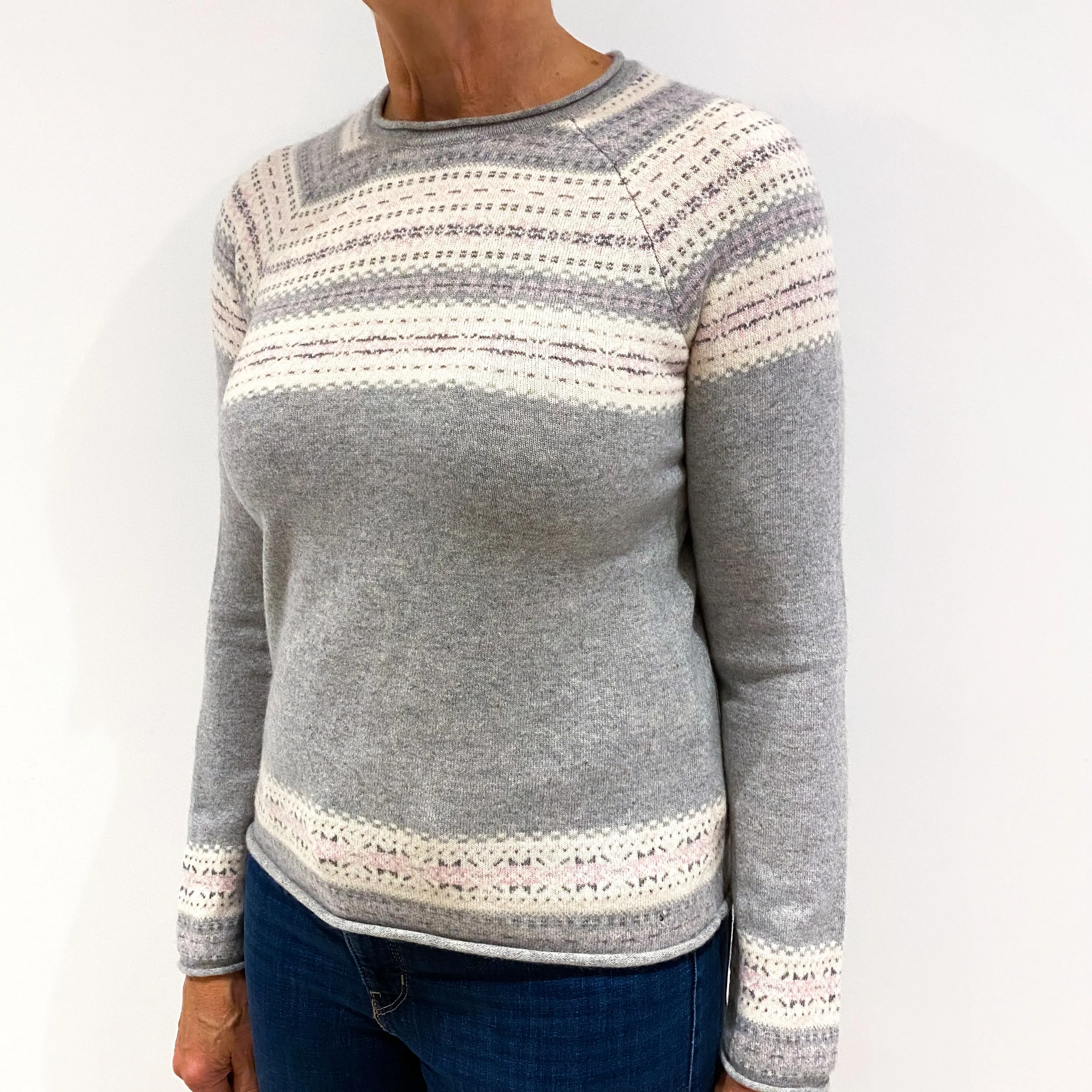 Smoke Grey Fair Isle Cashmere Crew Neck Jumper Medium