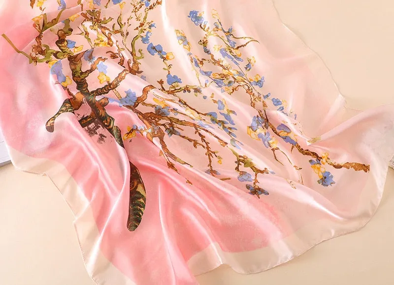 Spain Luxury Silk Scarf Women Designer Van Gogh Oil Painting Floral Silk Shawls Pashmina Ladies Wraps Scarves Foulard New Hijab