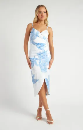 Stretch Bodycon Floral Dress with Side Pleat Details - Blue