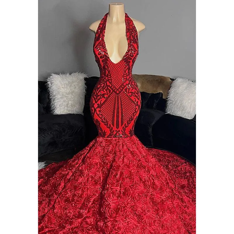 Trumpet/Mermaid V-Neck Lace Sequins Appliques Backless Sleeveless Prom Dress