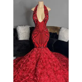 Trumpet/Mermaid V-Neck Lace Sequins Appliques Backless Sleeveless Prom Dress