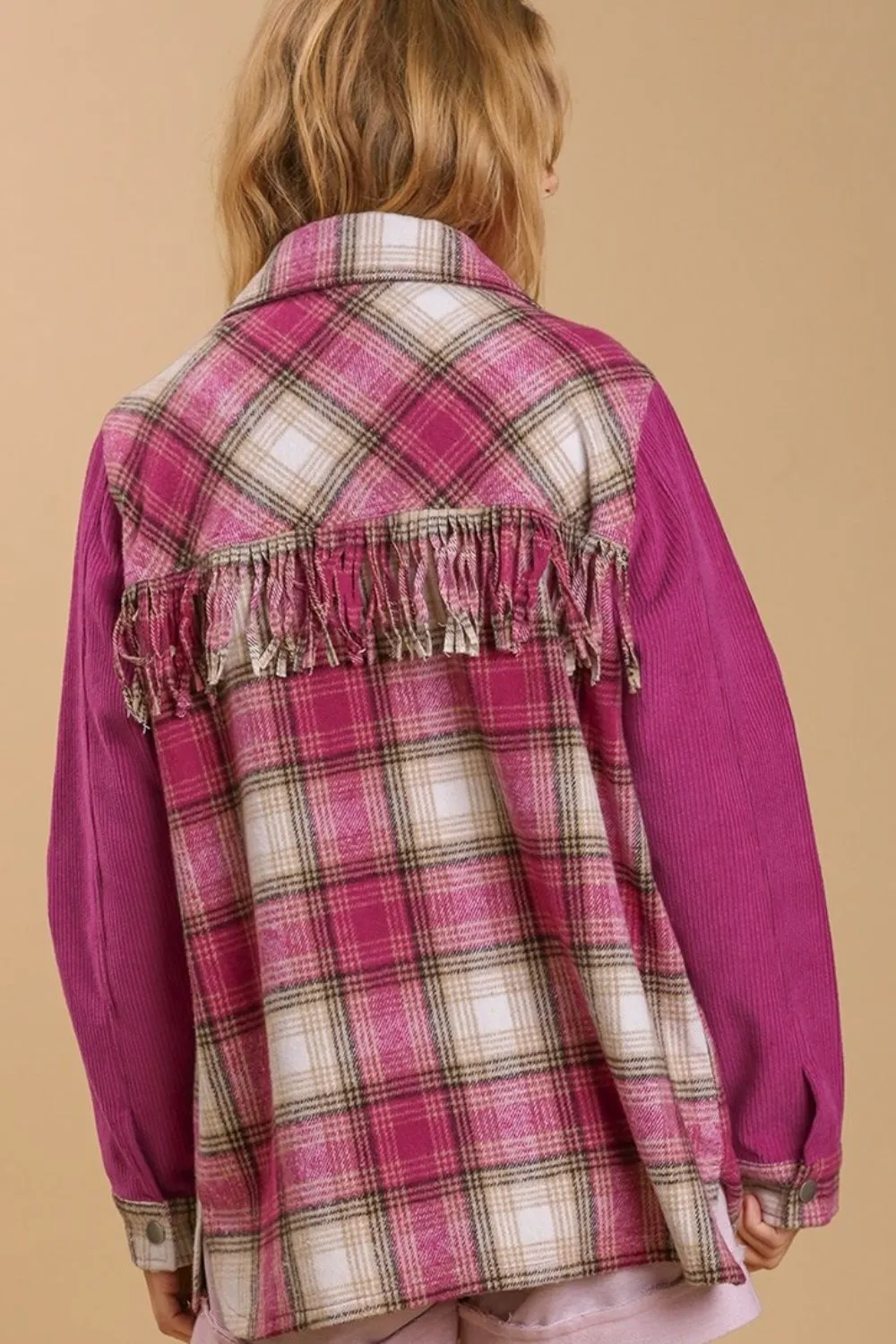 Umgee Full Size Twill Button Down Fringe Back Detail Shacket with Chest Pockets Plus Size