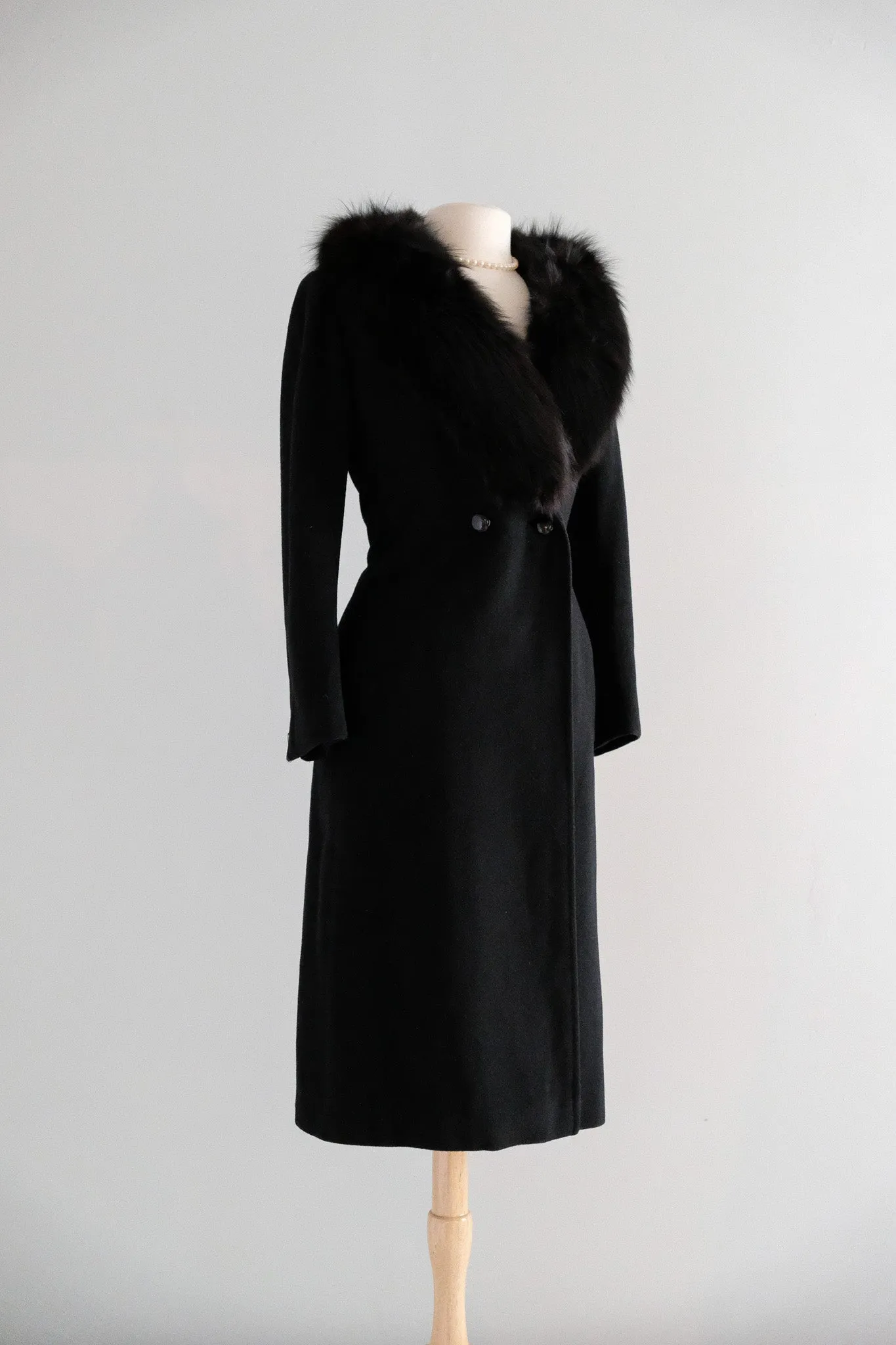 Vintage 1980’s Black Cashmere Coat with Fox Fur Collar / ML