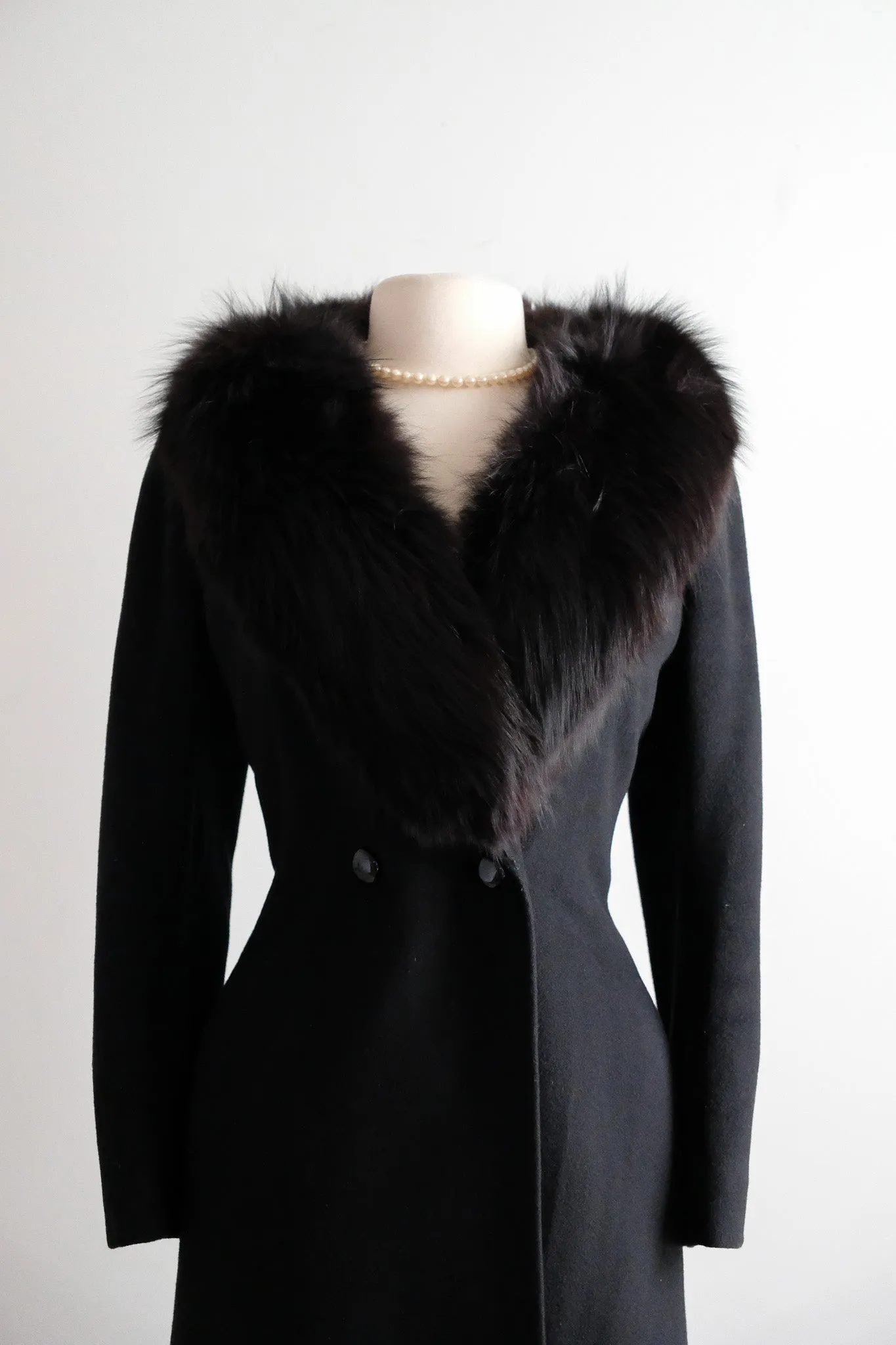 Vintage 1980’s Black Cashmere Coat with Fox Fur Collar / ML