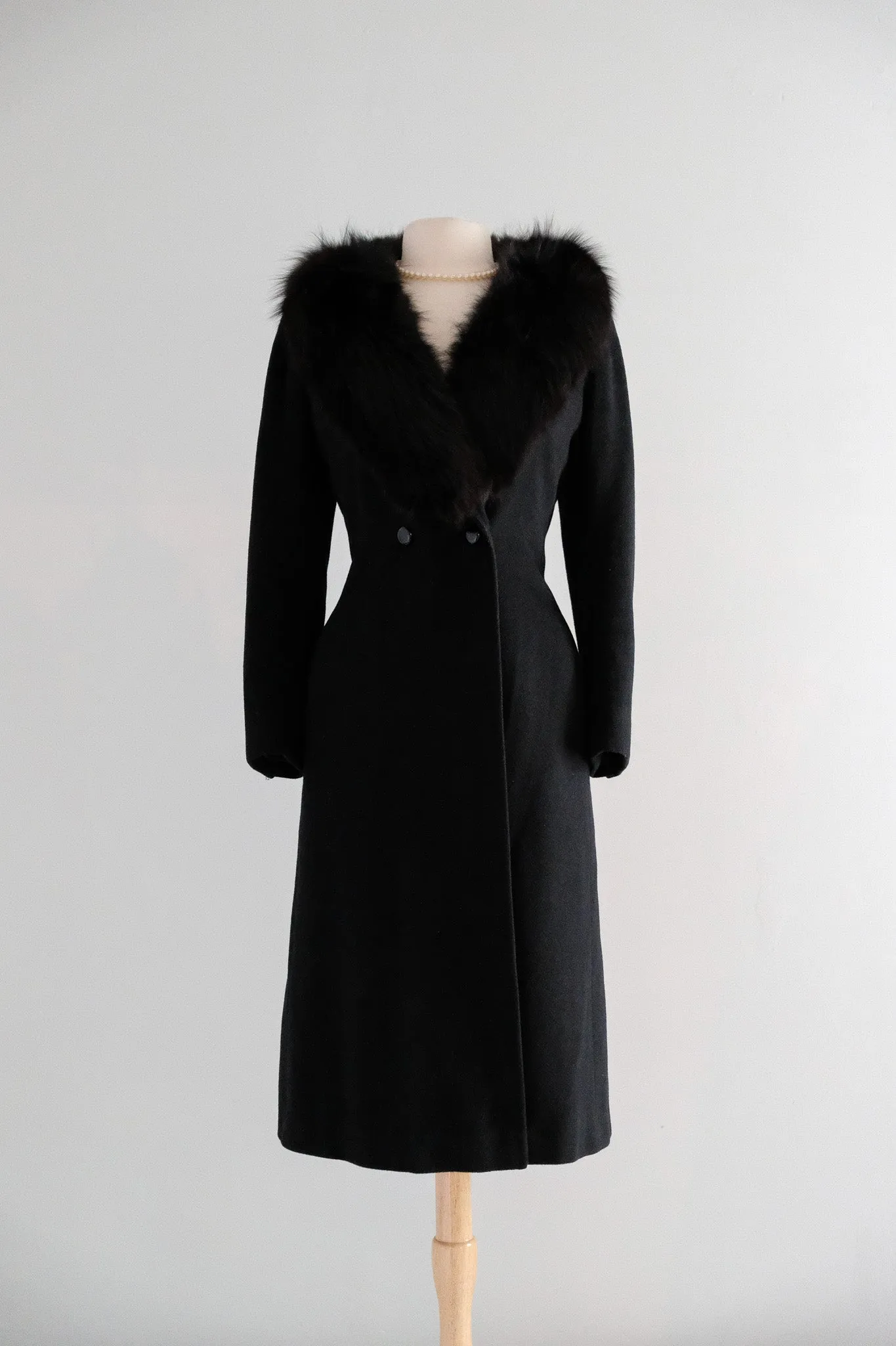 Vintage 1980’s Black Cashmere Coat with Fox Fur Collar / ML