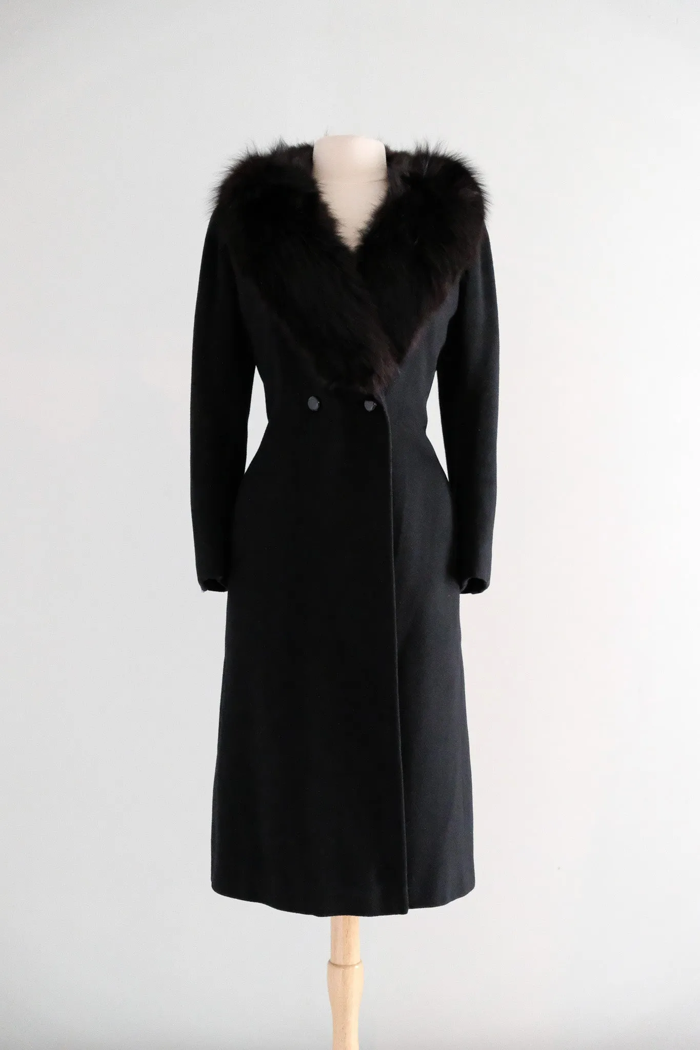 Vintage 1980’s Black Cashmere Coat with Fox Fur Collar / ML
