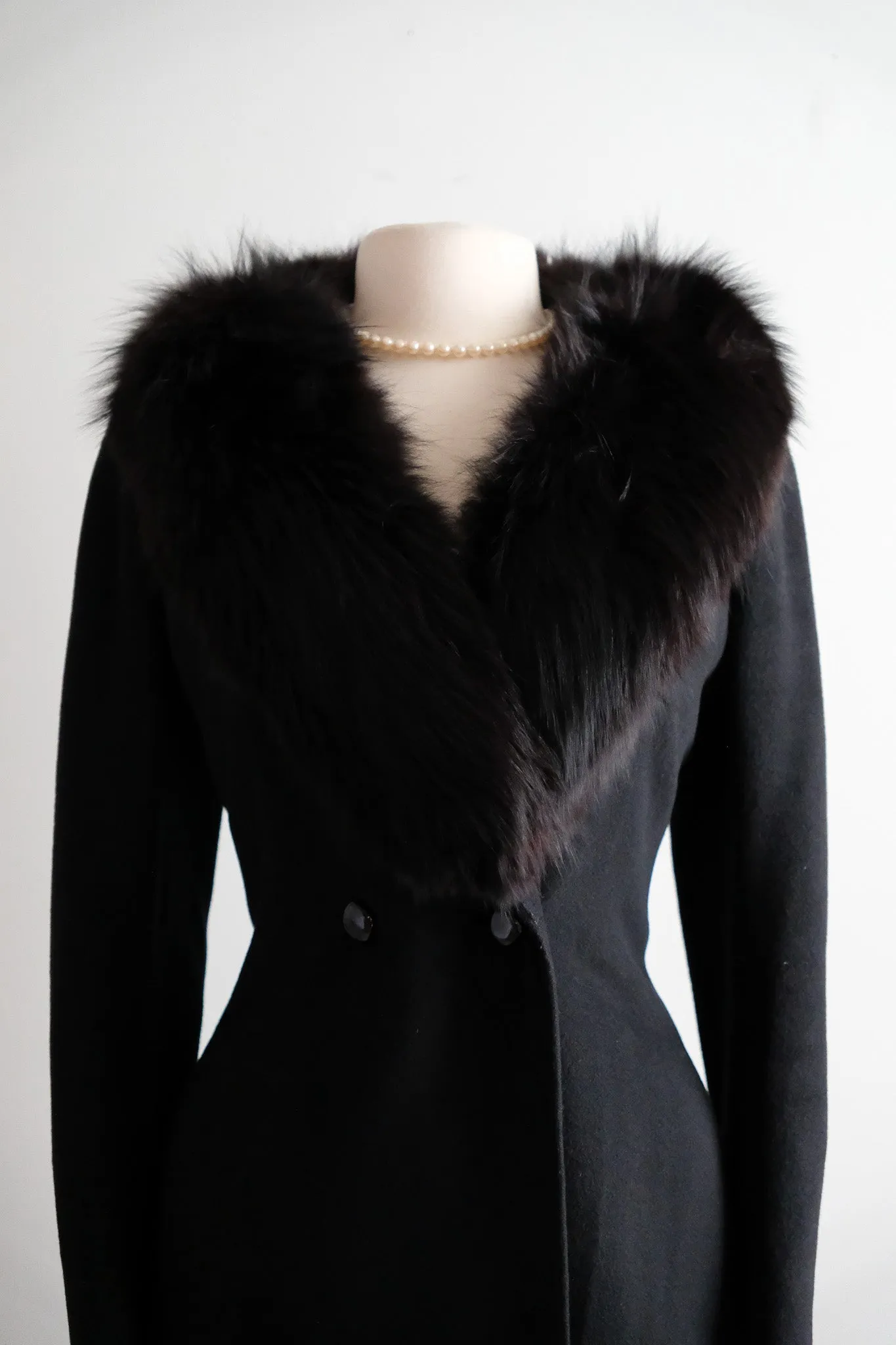 Vintage 1980’s Black Cashmere Coat with Fox Fur Collar / ML