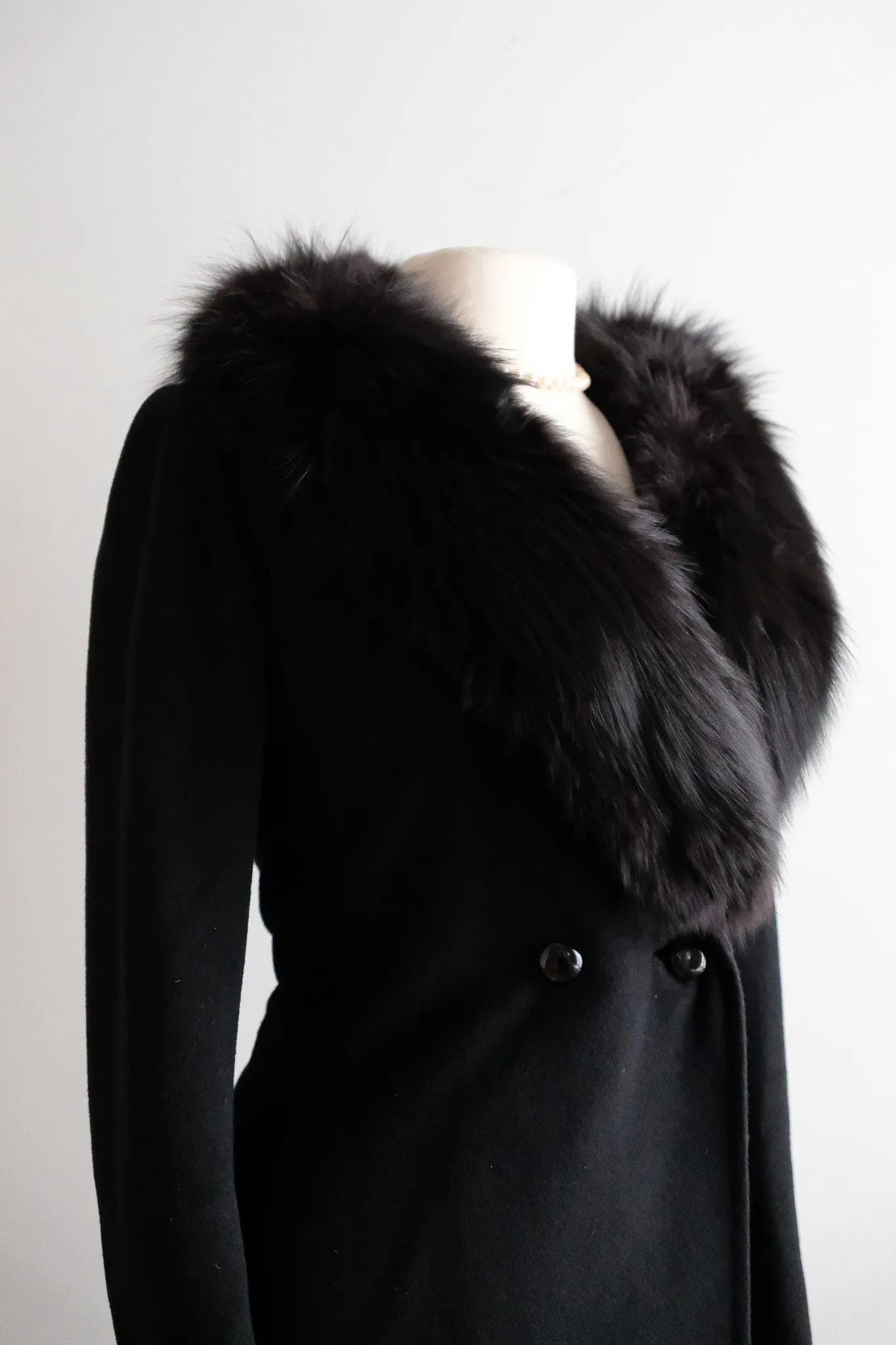 Vintage 1980’s Black Cashmere Coat with Fox Fur Collar / ML