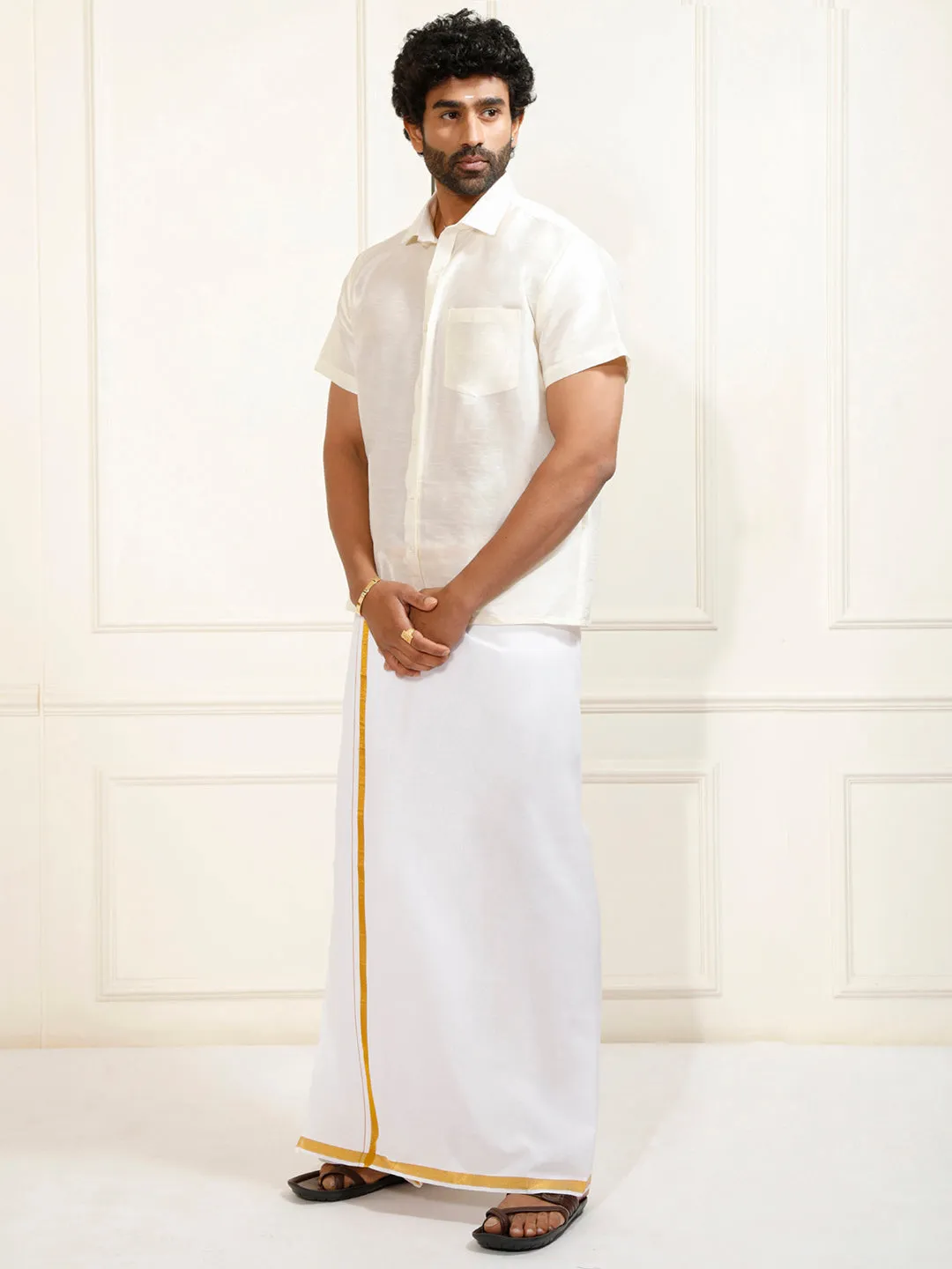 VM By VASTRAMAY Men's Cream and White Silk Blend Shirt And Mundu Set