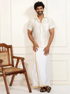 VM By VASTRAMAY Men's Cream and White Silk Blend Shirt And Mundu Set