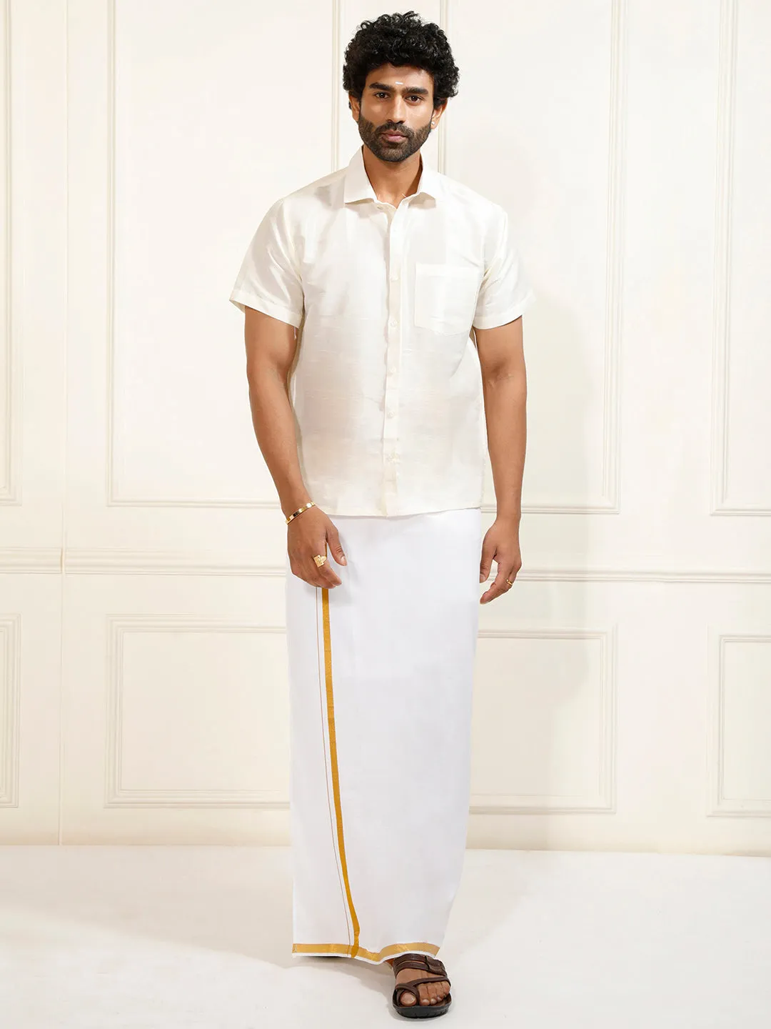 VM By VASTRAMAY Men's Cream and White Silk Blend Shirt And Mundu Set