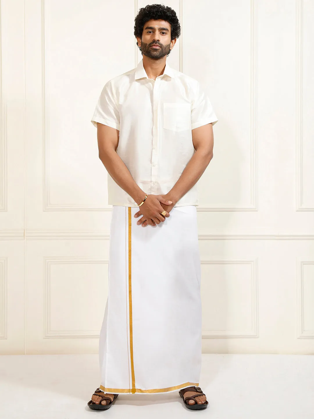 VM By VASTRAMAY Men's Cream and White Silk Blend Shirt And Mundu Set