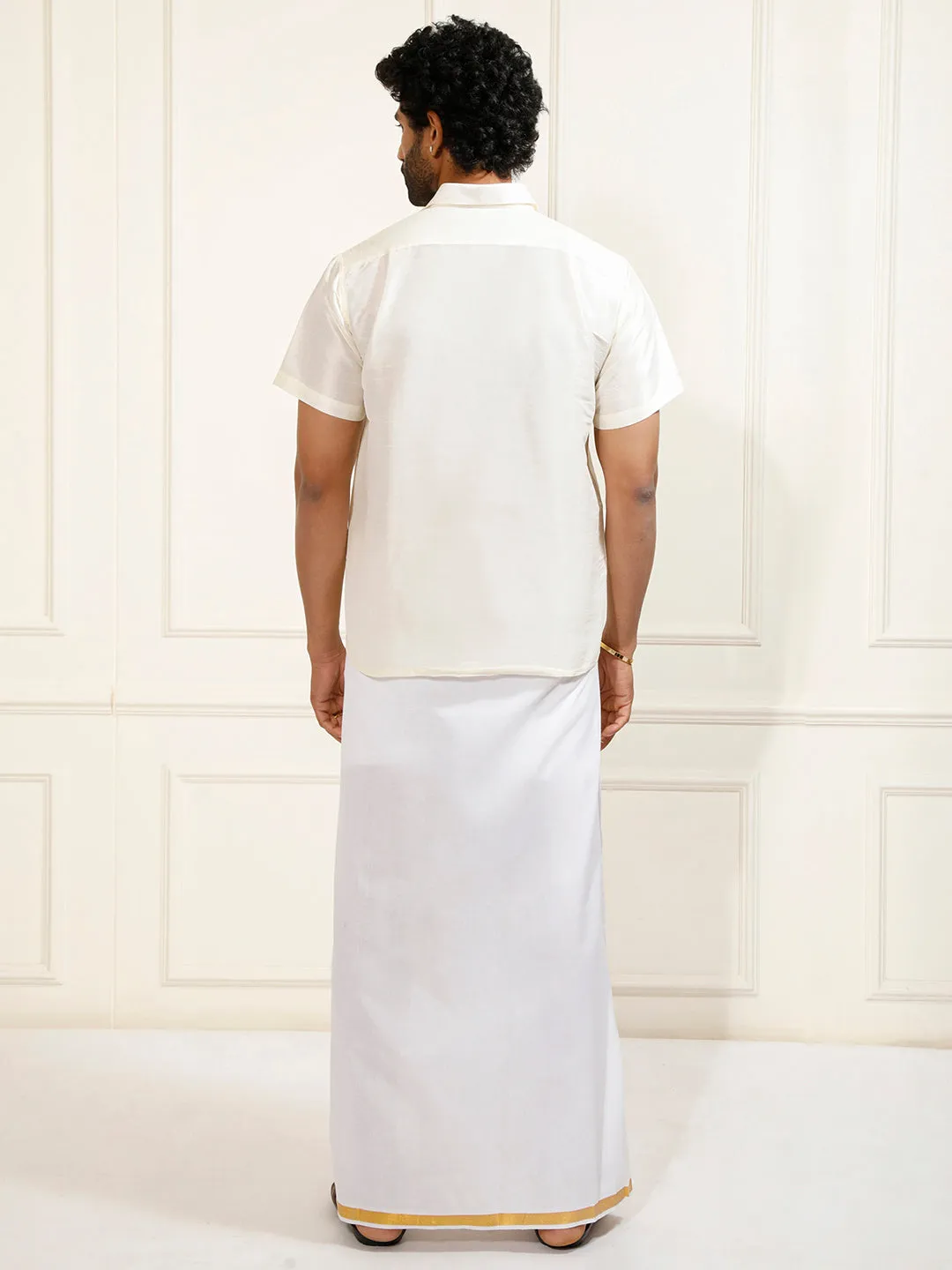 VM By VASTRAMAY Men's Cream and White Silk Blend Shirt And Mundu Set