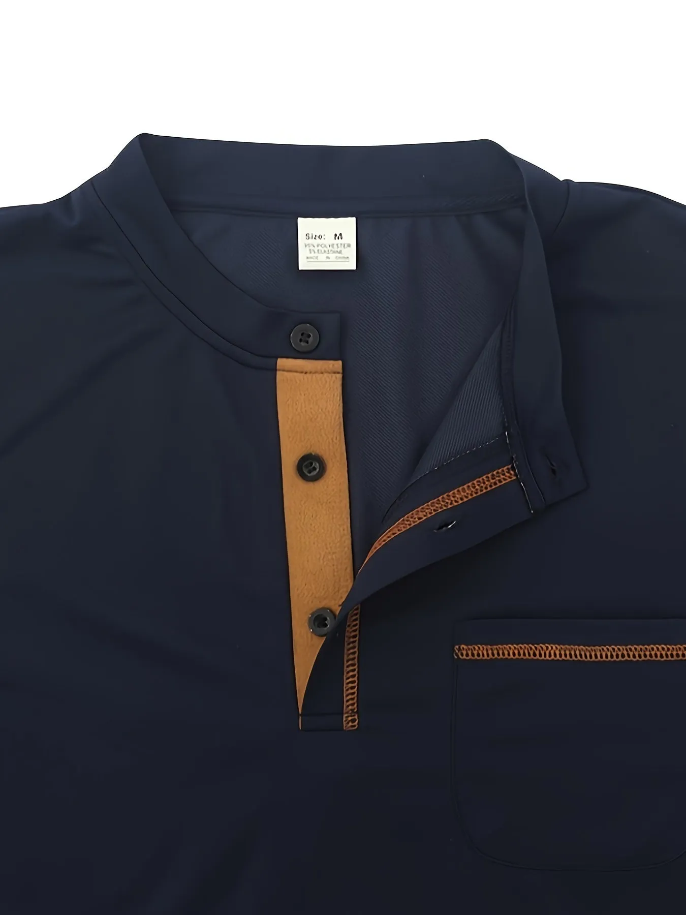 WarmMan - Heren Lange Mouw Henley Shirt met Borstzak en Contrasterende Stiksels