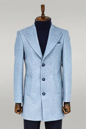 Wide Lapel Wool Light Blue Men Coat - Wessi
