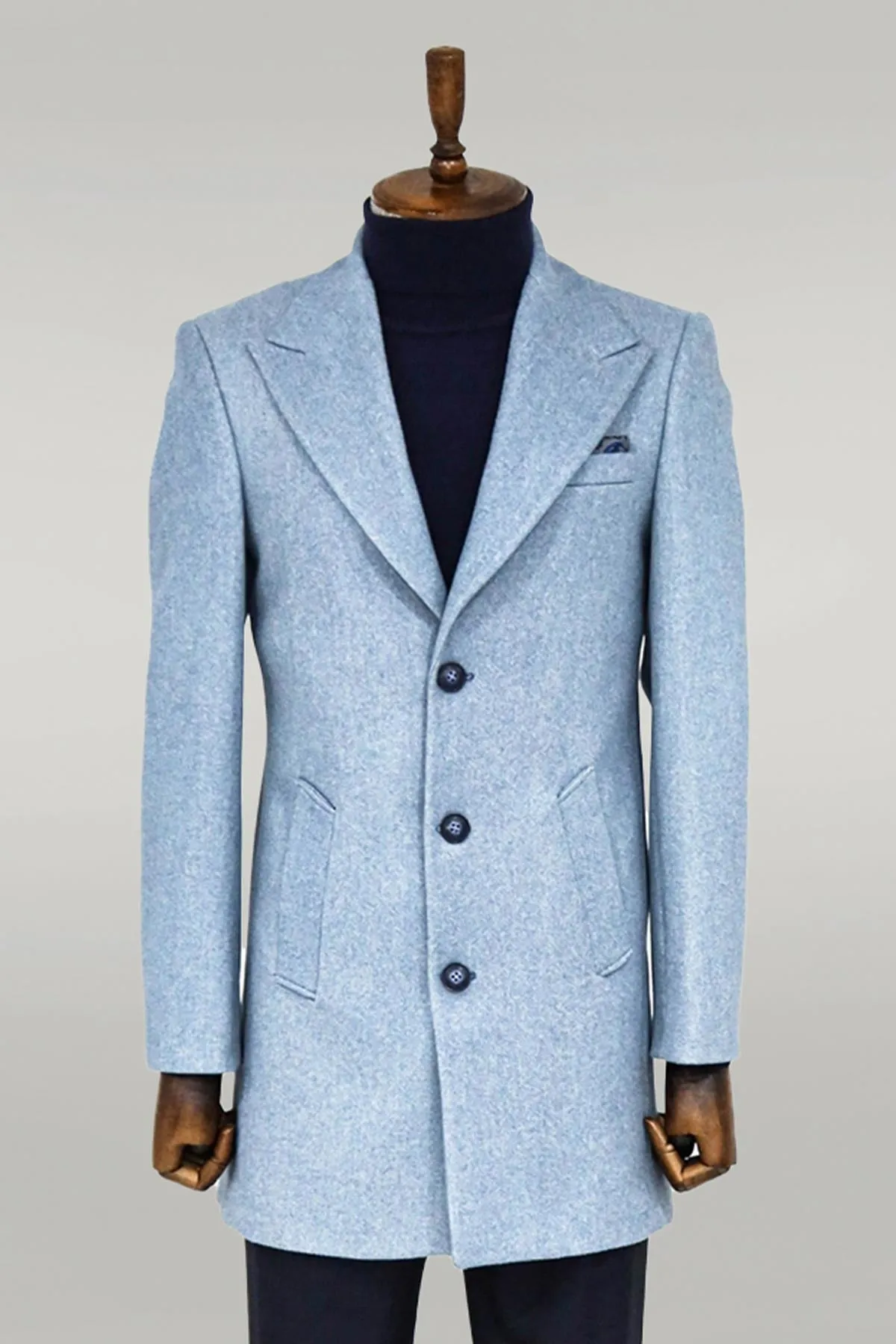 Wide Lapel Wool Light Blue Men Coat - Wessi