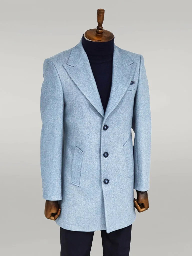 Wide Lapel Wool Light Blue Men Coat - Wessi