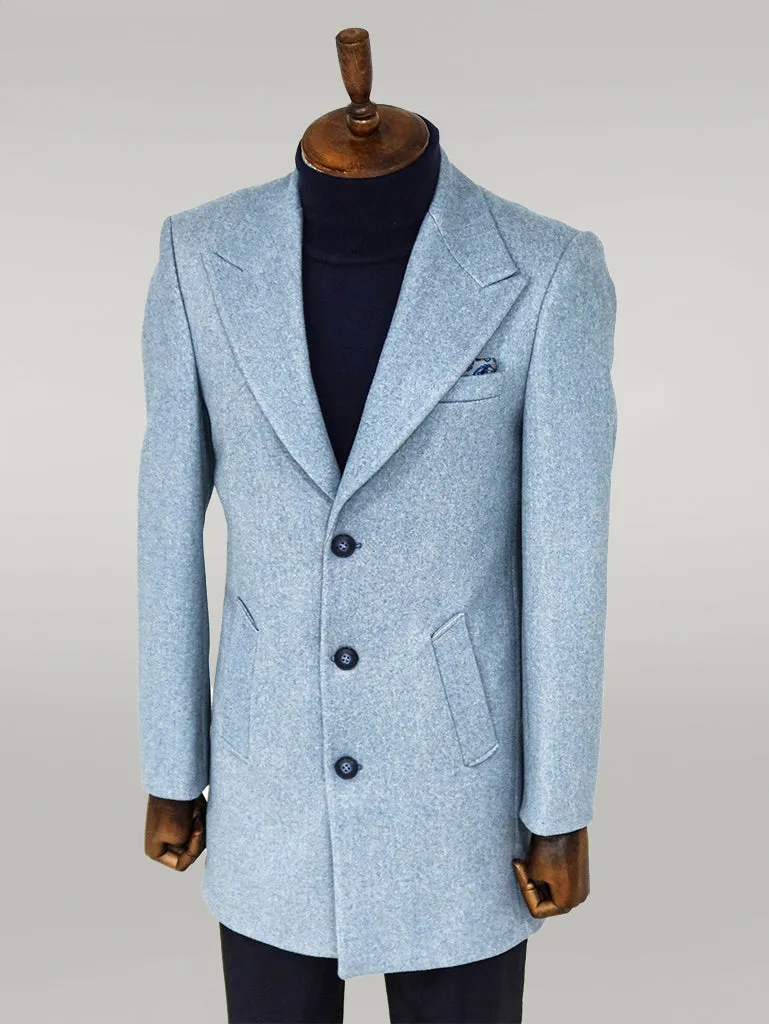 Wide Lapel Wool Light Blue Men Coat - Wessi