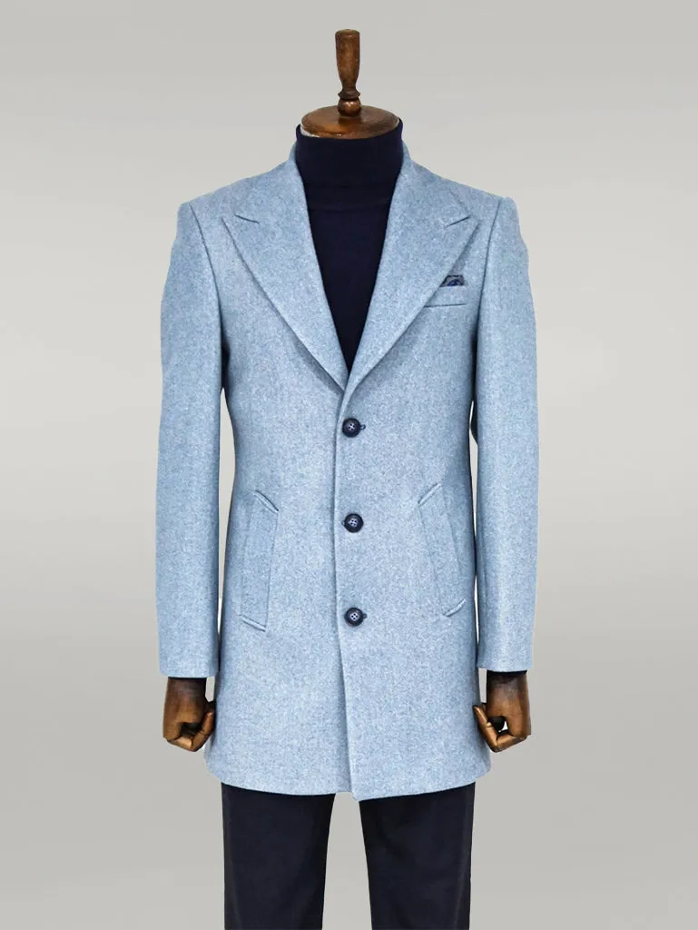 Wide Lapel Wool Light Blue Men Coat - Wessi