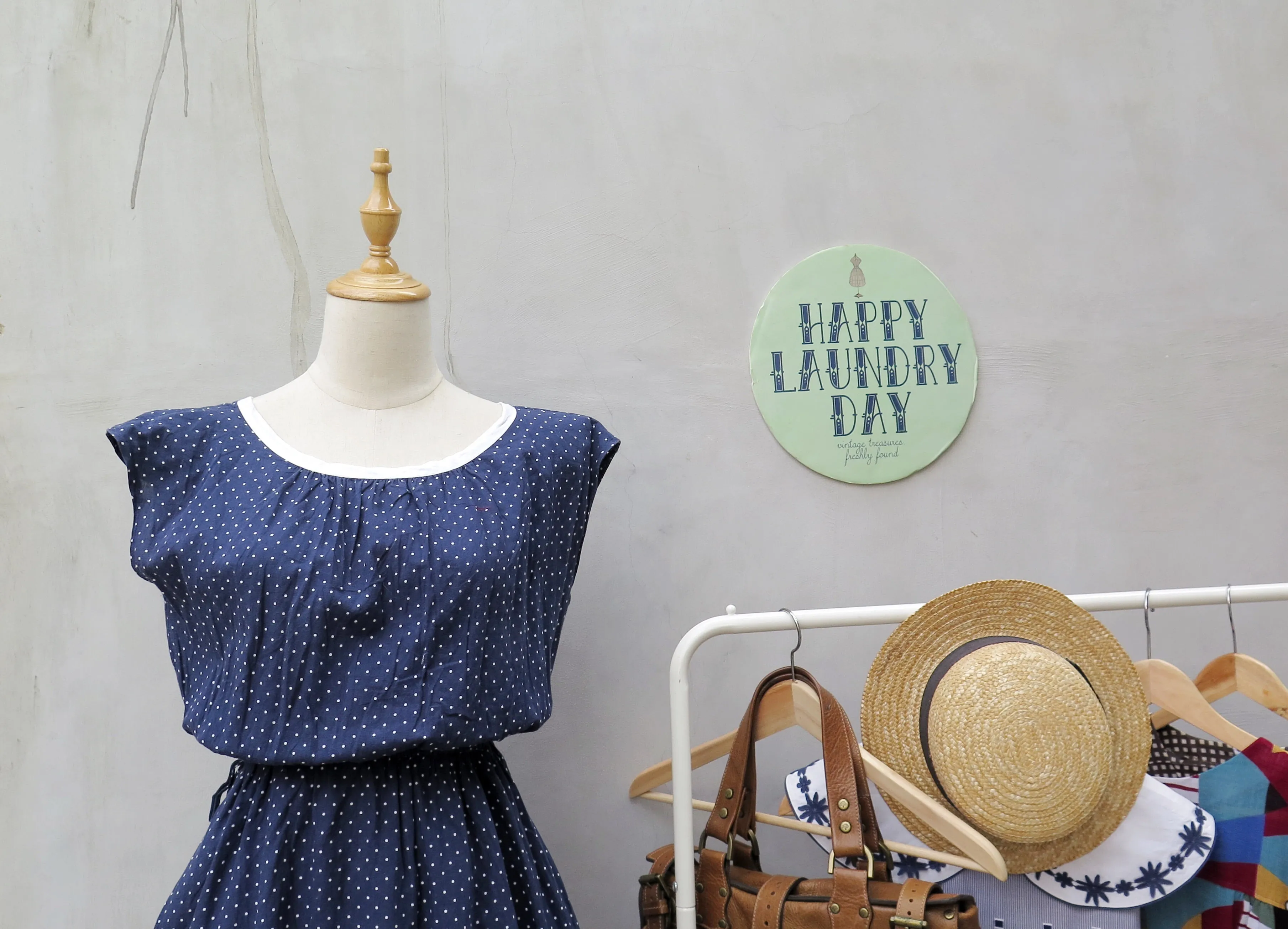 Winifred | Vintage 1950s 1960s V-back white navy blue tiny polka dot print swing style dress