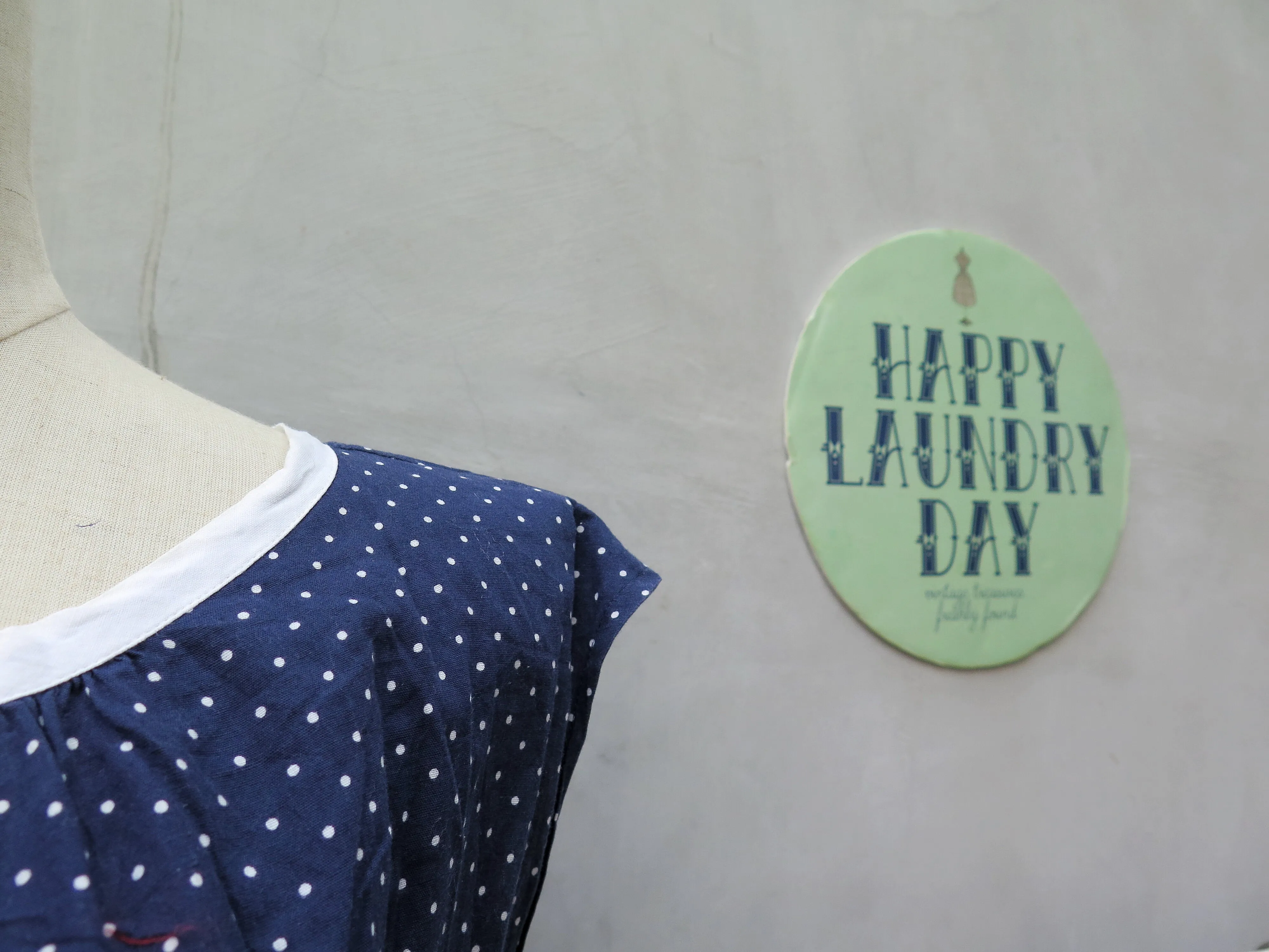 Winifred | Vintage 1950s 1960s V-back white navy blue tiny polka dot print swing style dress