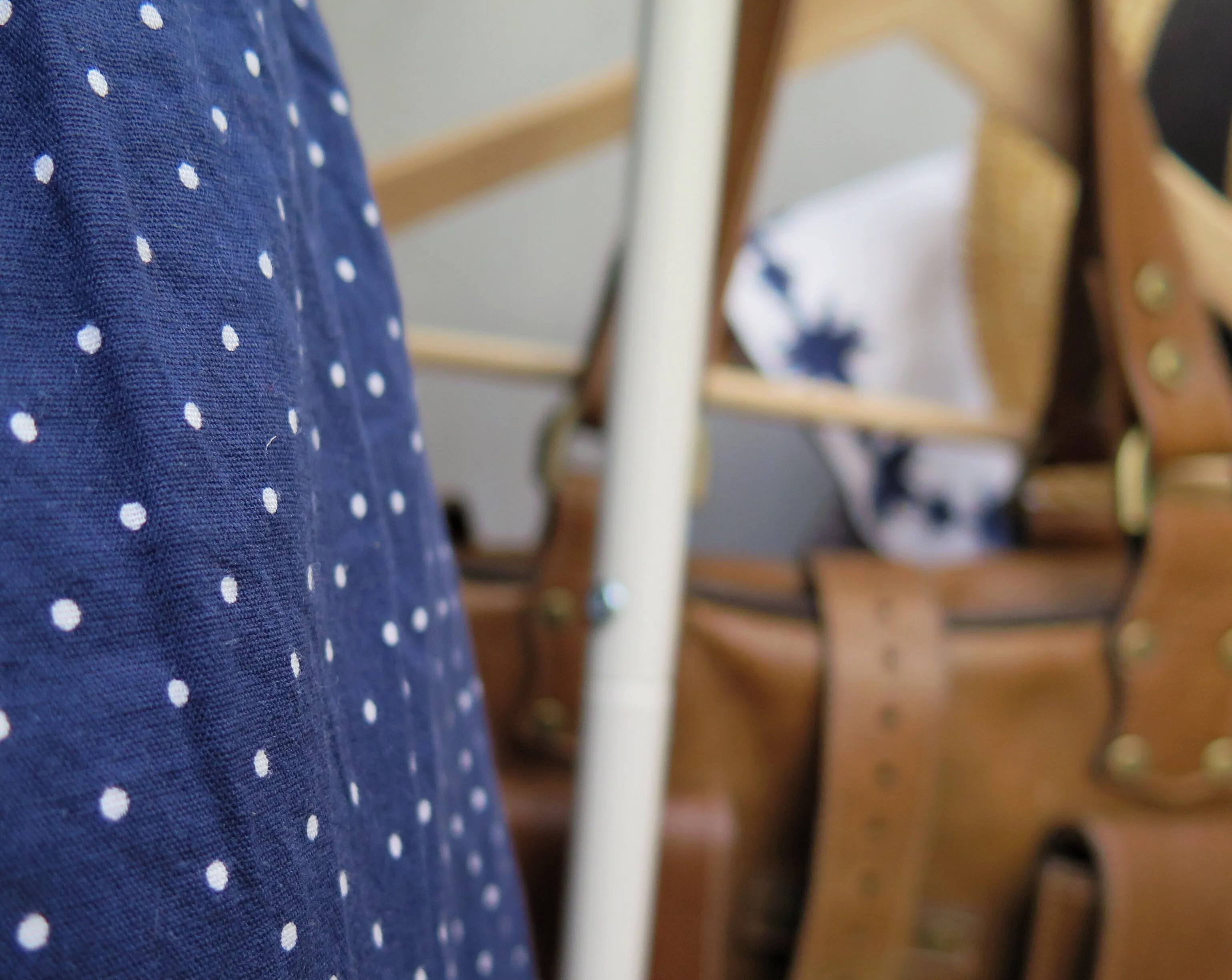 Winifred | Vintage 1950s 1960s V-back white navy blue tiny polka dot print swing style dress