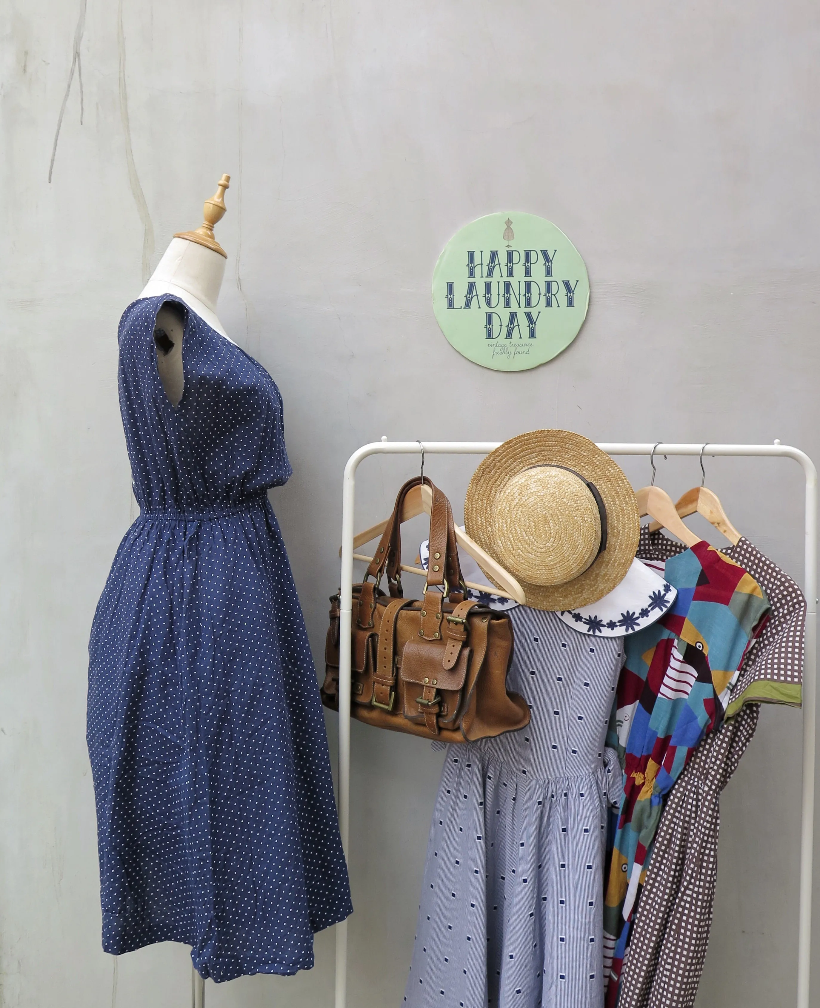 Winifred | Vintage 1950s 1960s V-back white navy blue tiny polka dot print swing style dress