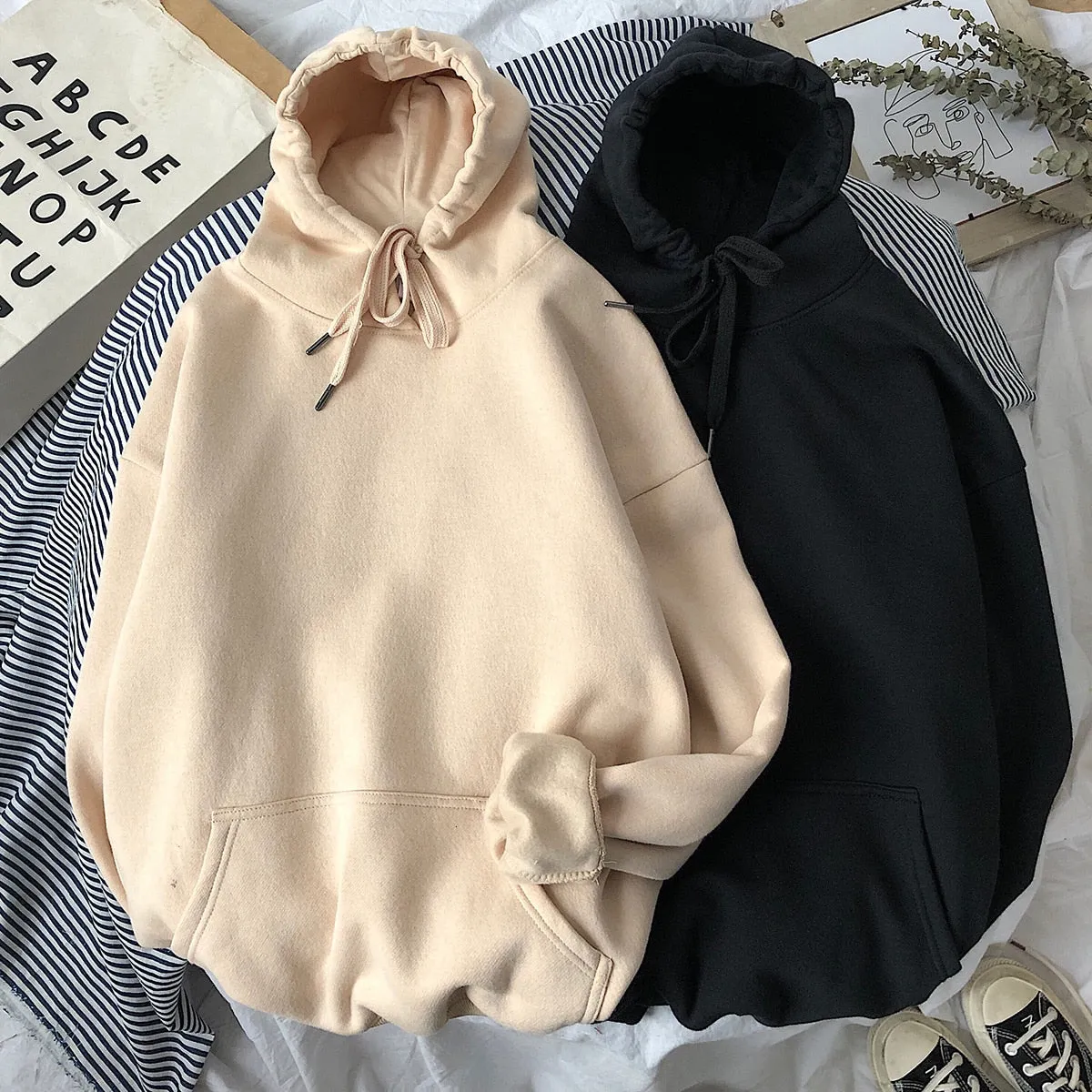 Wjczt Woman's Sweatshirts Solid 12 Colors Korean Female Hooded Pullovers Cotton Thicken Warm Oversized Hoodies Women # Hoodie # Women Hoodie