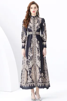 Women Vintage Floral Print Button Up Split Maxi Dress