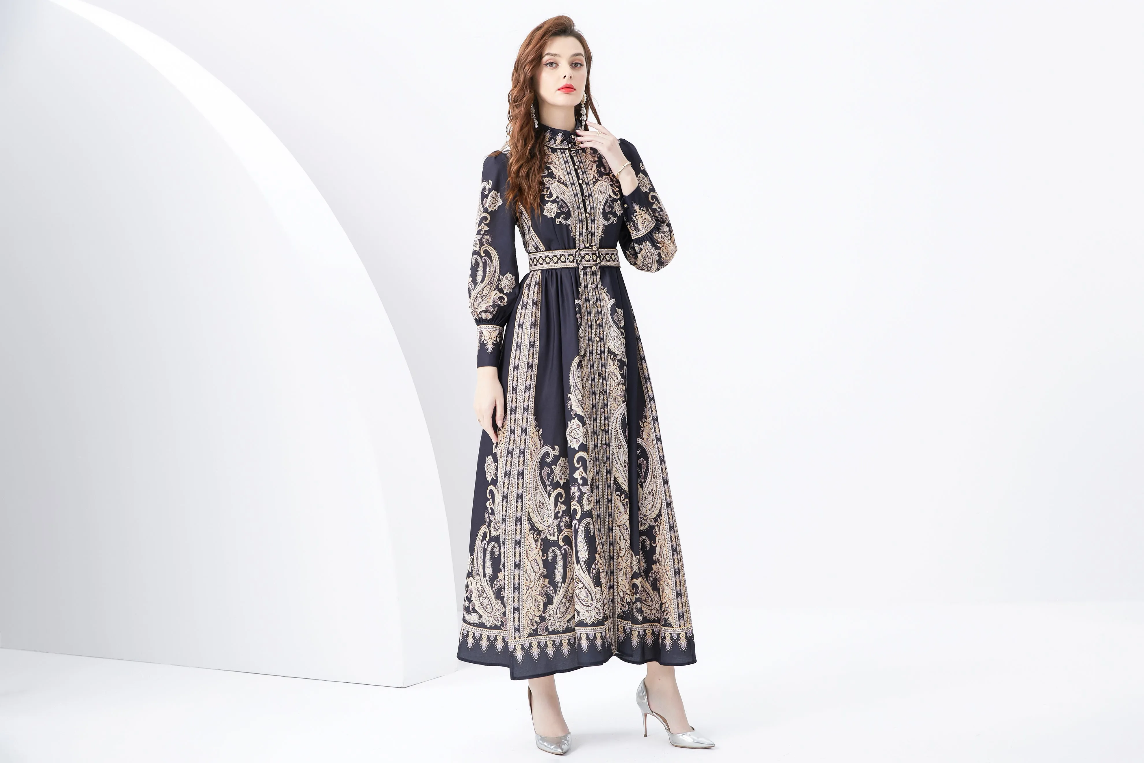 Women Vintage Floral Print Button Up Split Maxi Dress