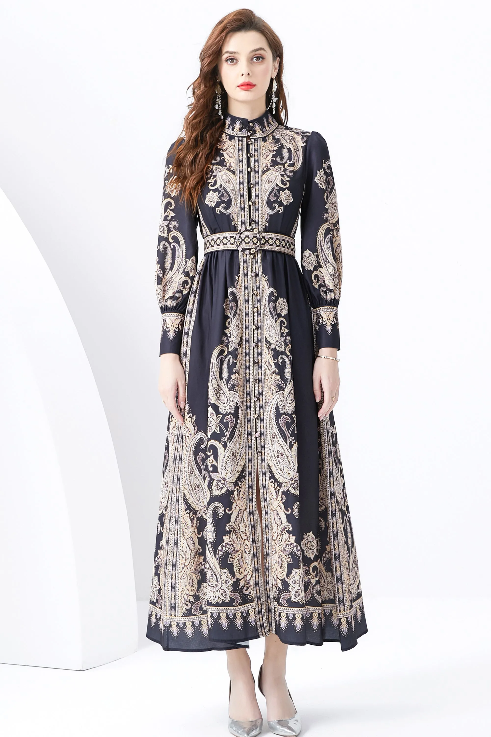 Women Vintage Floral Print Button Up Split Maxi Dress