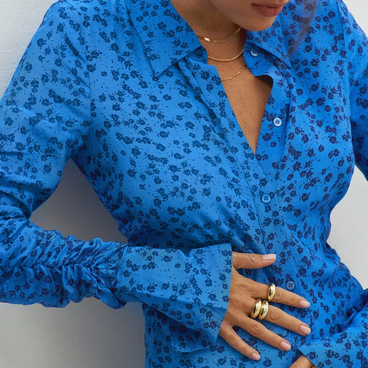 Women's Blue Floral Shirt Dress
