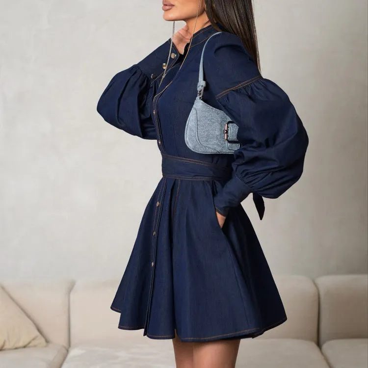 Women's Fashion Denim Lantern Sleeve Tie-Waist Dress