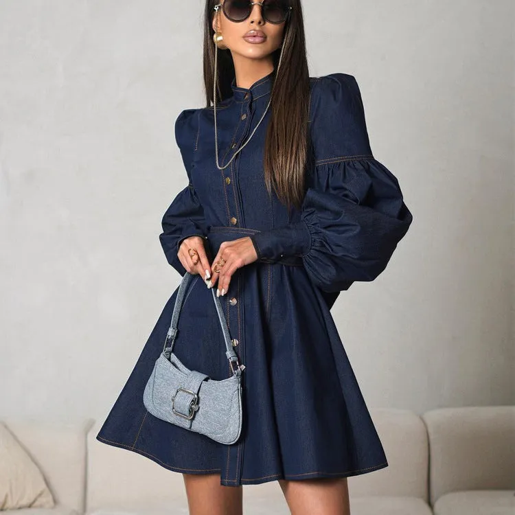 Women's Fashion Denim Lantern Sleeve Tie-Waist Dress