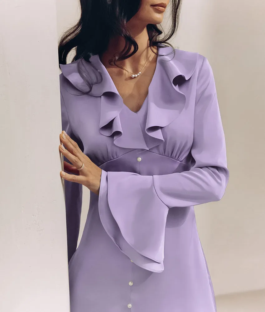 Women's French Satin V-neck Flare Sleeve High-waist Ruffle Dress